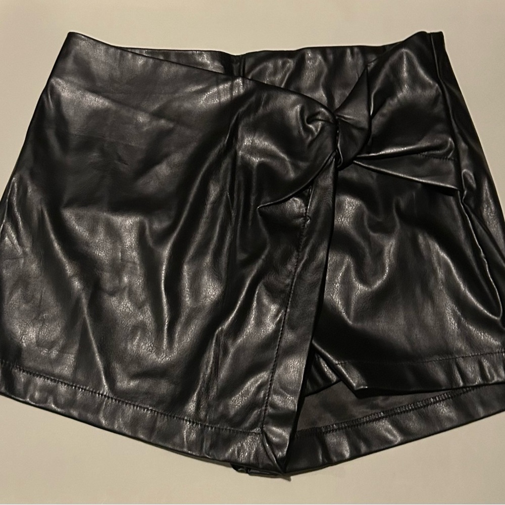Black Faux Leather Mini Short Skirt with Bow